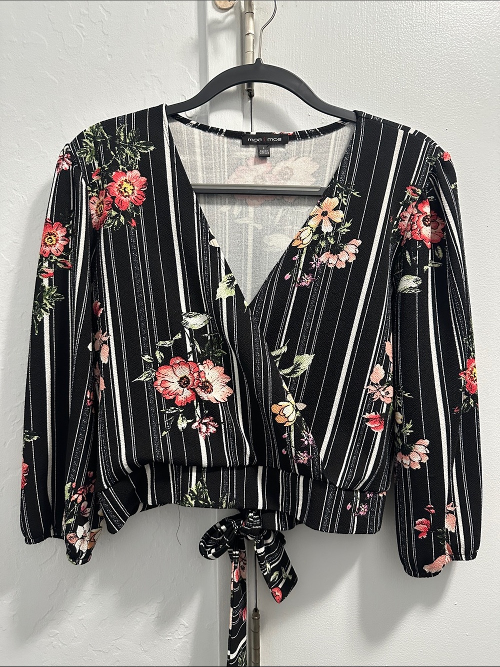 Mossimo Supply Co. Black Floral Stripe Wrap Blouse